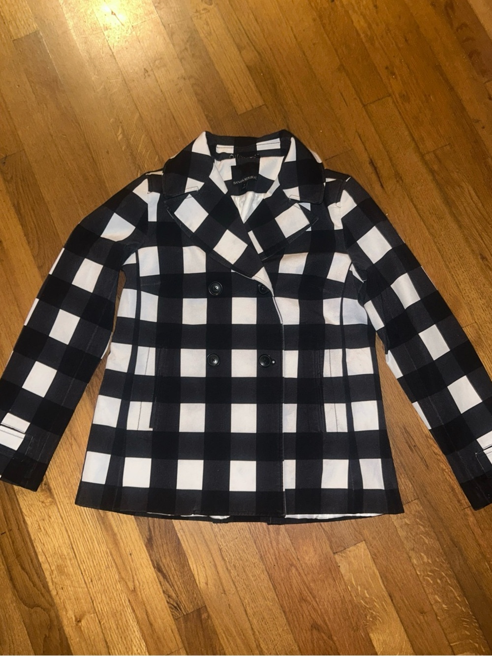 Banana Republic Women Sz M Peacoat Plaid Black/White Double Breasted Jacket